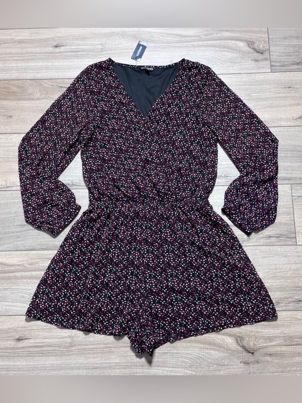 Express Womens Faux Wrap Abstract Print Long Sleeve Romper Size Medium